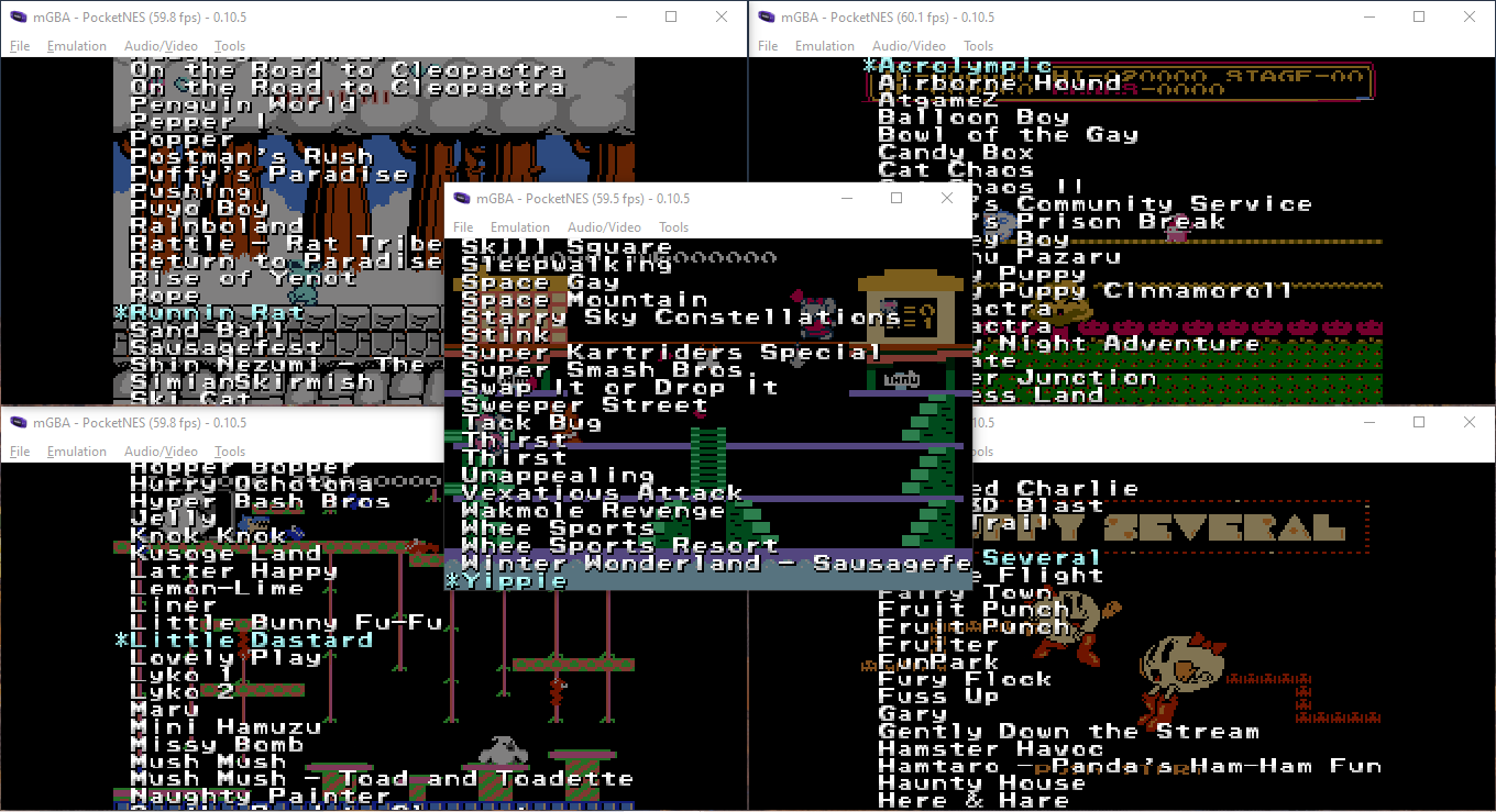 Schermata di 5 diverse finestre di mGBA in cui gira la mia ROM 86-in-1, che contiene in realtà 101 ROM NES, ognuna ad un punto diverso della lista, per mostrare l'intera collezione.