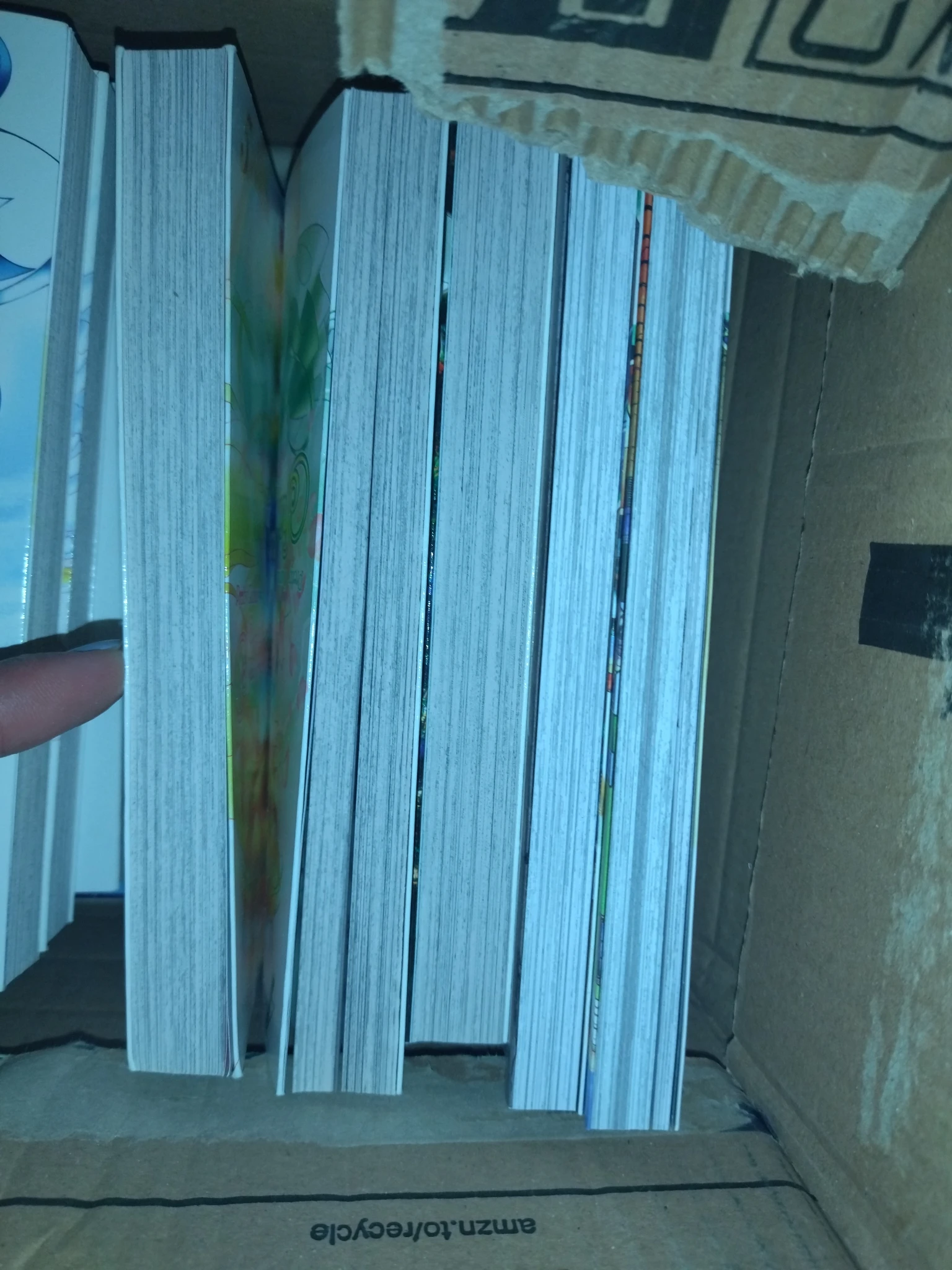 Foto dello scatolo con vari manga dentro, visti dal lato