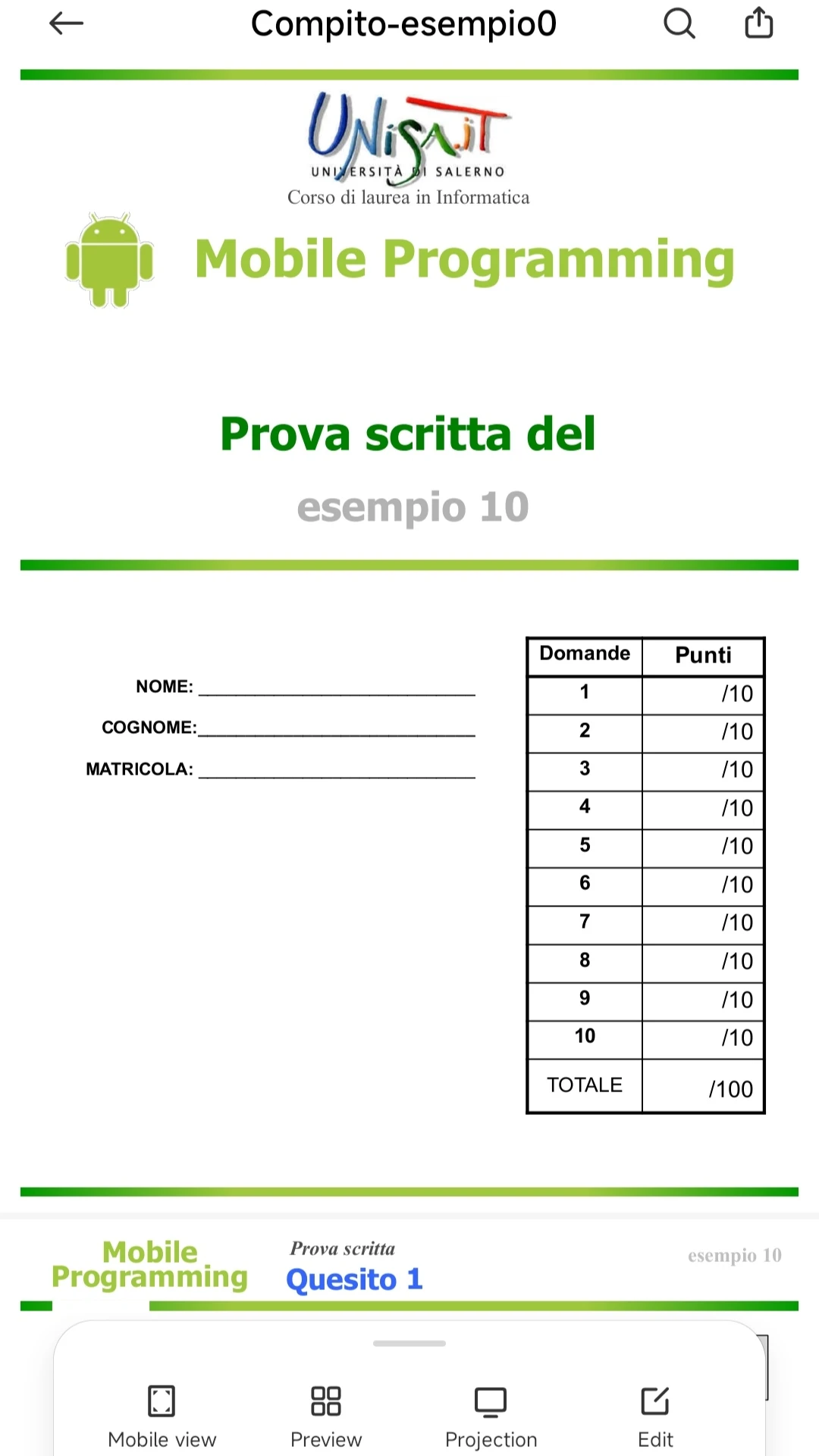Schermata della prima pagina e un po' della seconda del Compito-esempio0.pdf