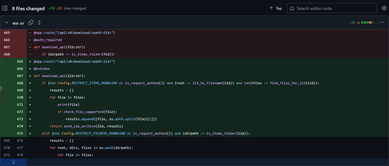 Schermata del diff linkato su GitHub