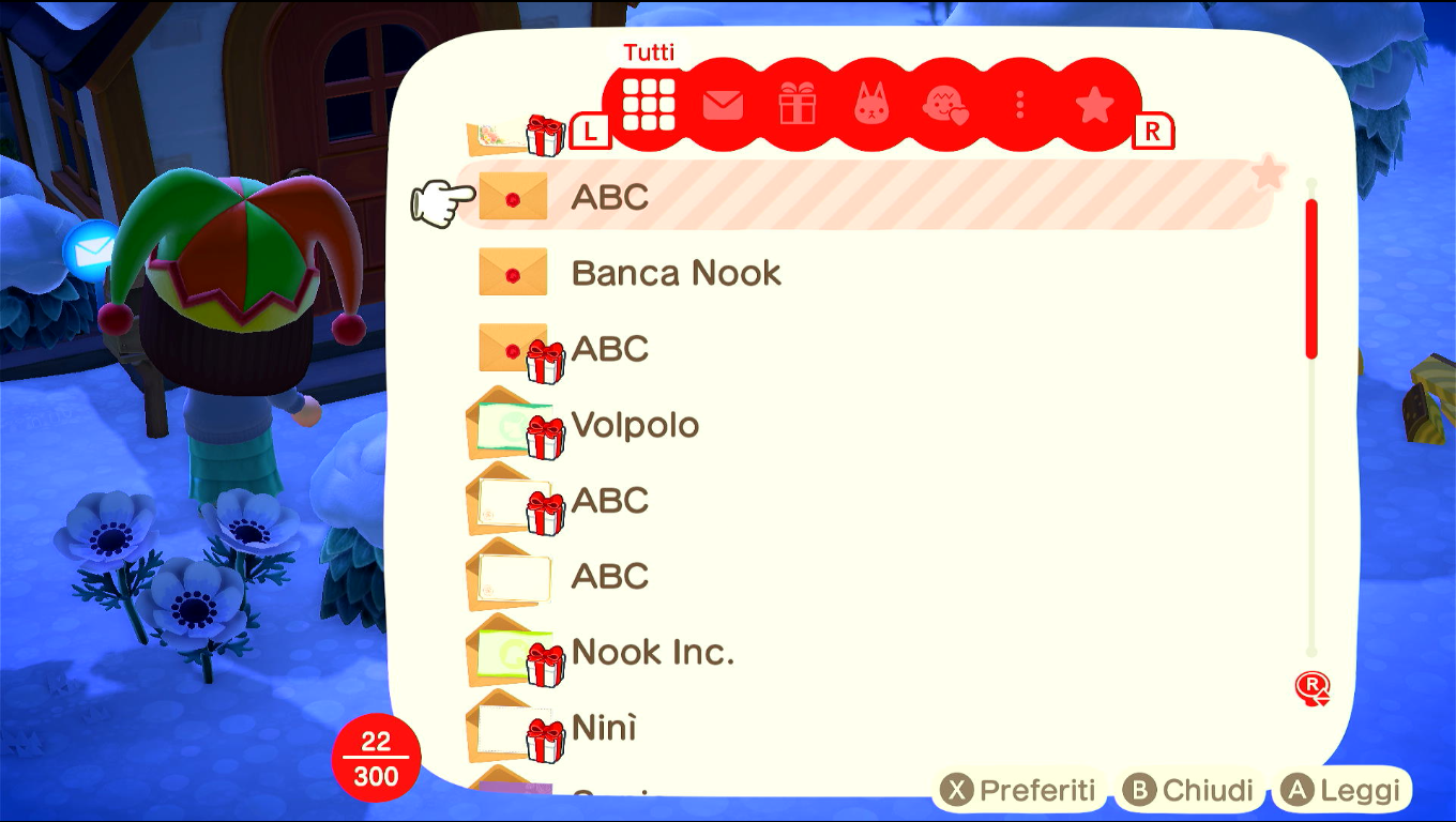 Schermata della cassetta della posta, 22/300; si vedono almeno 3 lettere non aperte, e 6 lettere con reggali non ritirati