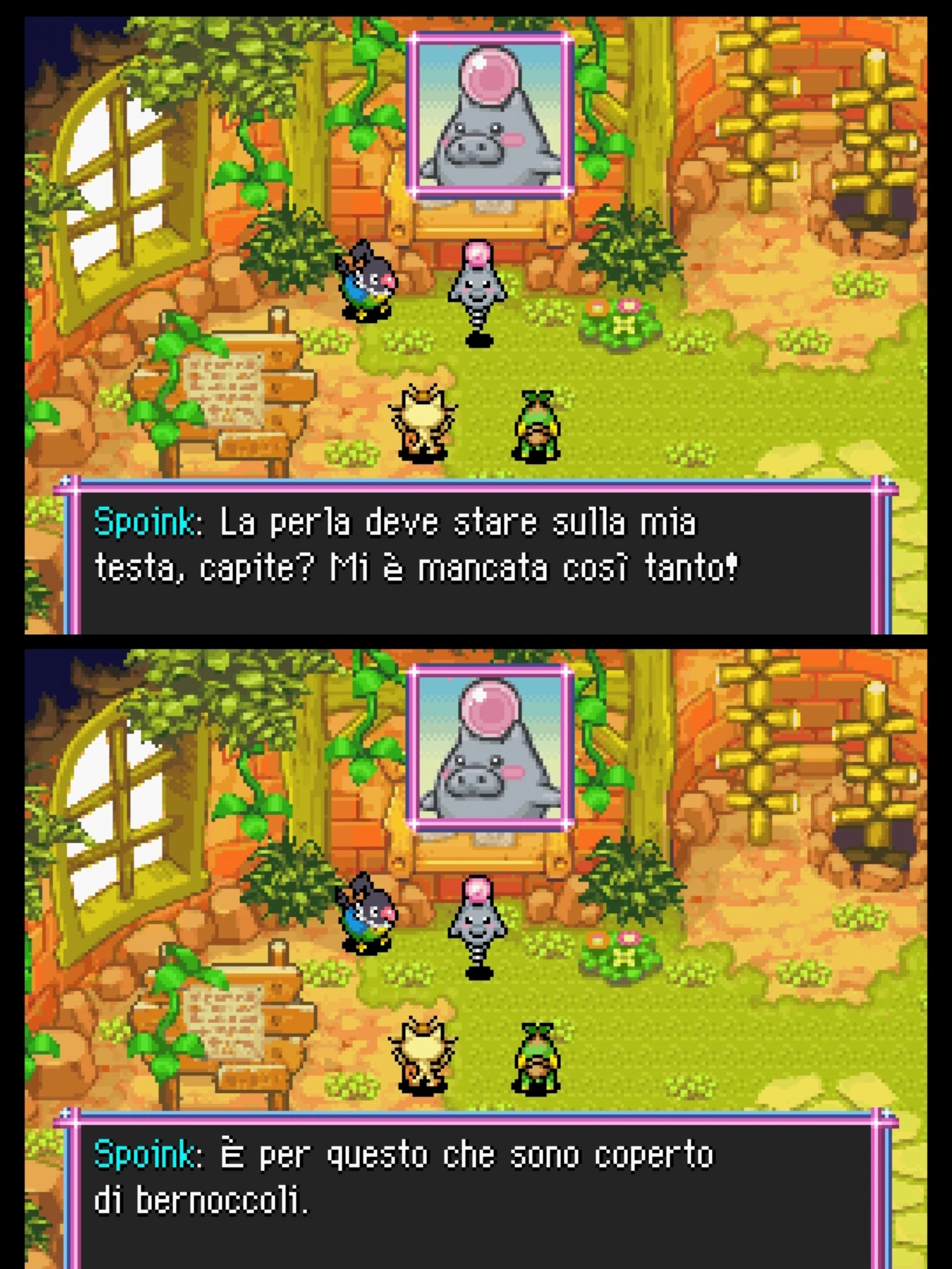 Spoink: La perla deve stare sulla mia
testa, capite? Mi è mancata così tanto!

Spoink: È per questo che sono coperto
di bernoccoli.