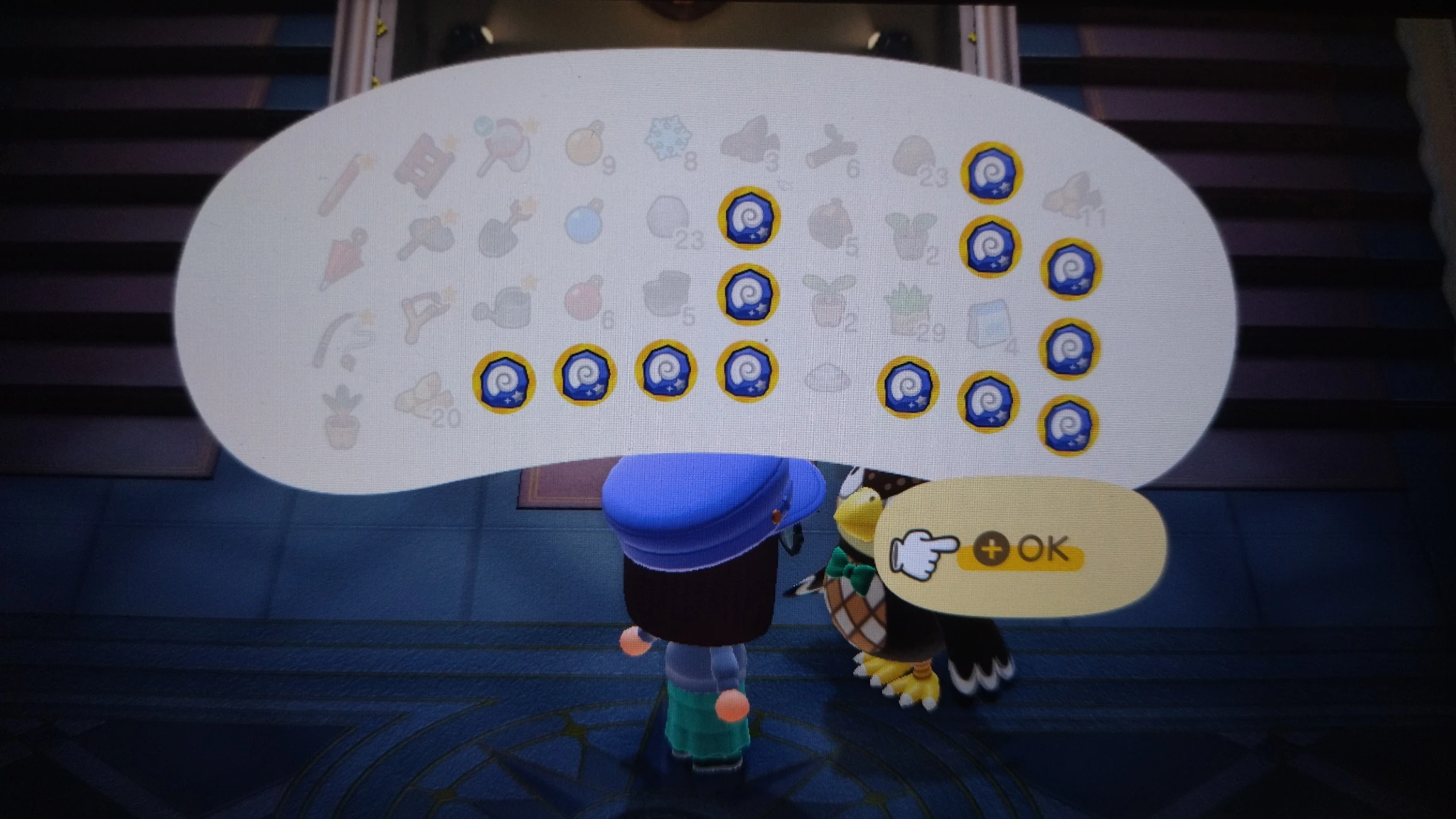 Schermata parlando con Blatero, 13 fossili sono selezionati nell'inventario per l'analisi