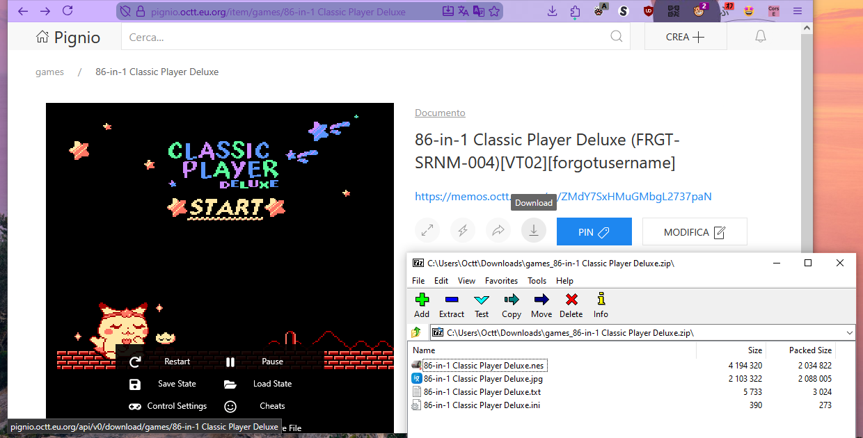 Schermata di https://pignio.octt.eu.org/item/games/86-in-1%20Classic%20Player%20Deluxe, tasto download evidenziato col mouse e archivio finale aperto in 7-Zip