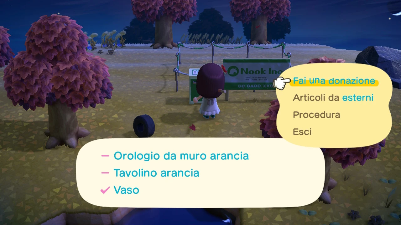 Menu donazione dopo aver premuto "Articoli da interni"
-> Fai una donazione
- Articoli da esterni
- Procedura
- Esci
"- Orologio da muro arancia
- Tavolino arancia
✔️ Vaso"